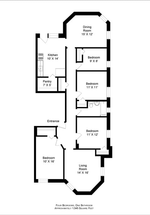 Floor plan for 4 beds, 1 bath